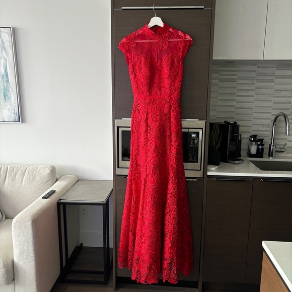 Custom Made Chinese Qipao Wedding Cheongsam Red Lace Beaded Full-length Dress - Picture 3 of 13